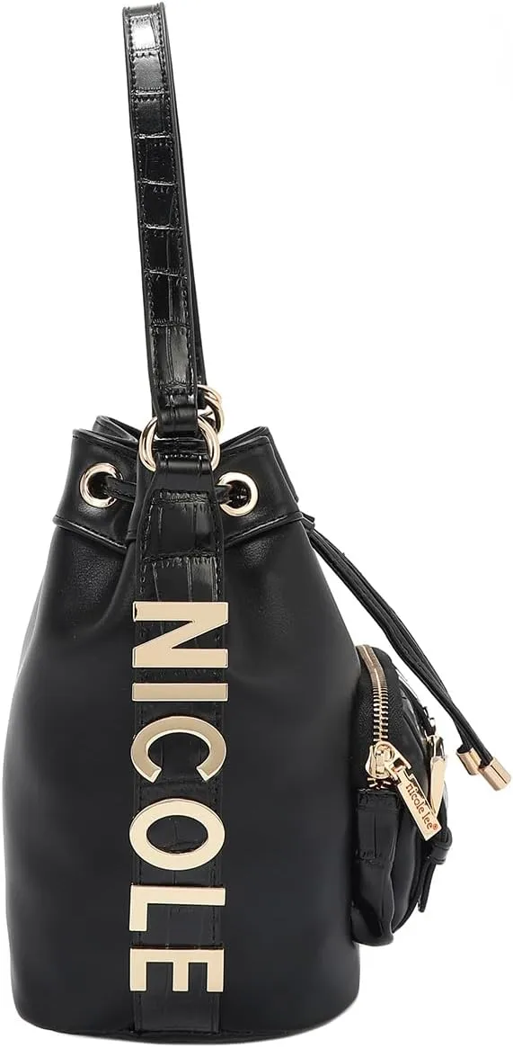 Nicole Lee Bucket Bag, Vegan Leather, Faux Croc Accents, Drawstring Closure