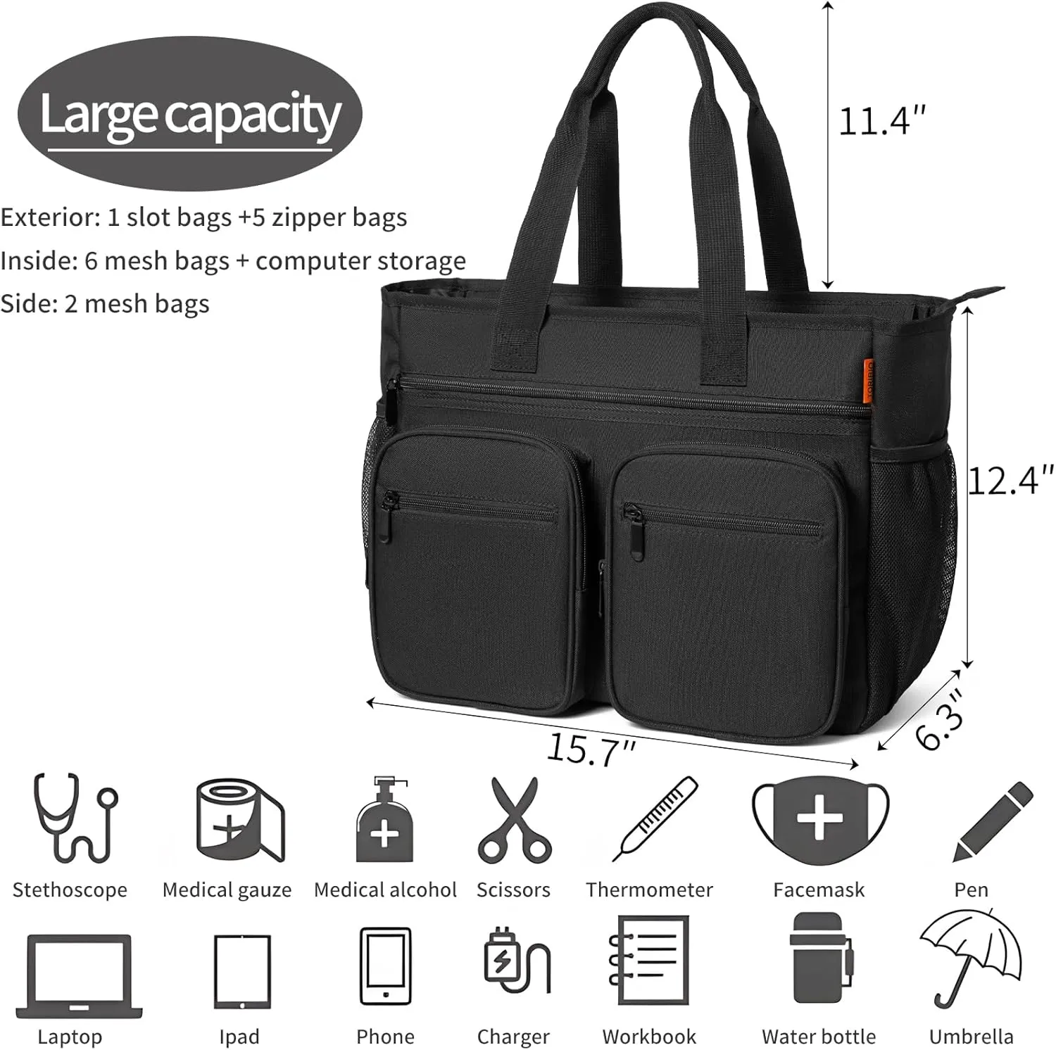 Nurse Tote Bag for Work with Padded 15.6” Laptop Sleeve, Medical Supplies Shoulder Bag Storage Travel Bag for Women, Home Health Nurse Bag