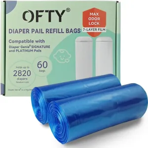 OFTY Diaper Bags Refill: Compatible with Diaper Genie Easy Roll Pail, 60 Bags Odor Control Refills Hold Up to 2820 Newborn Diaper for 16 Months
