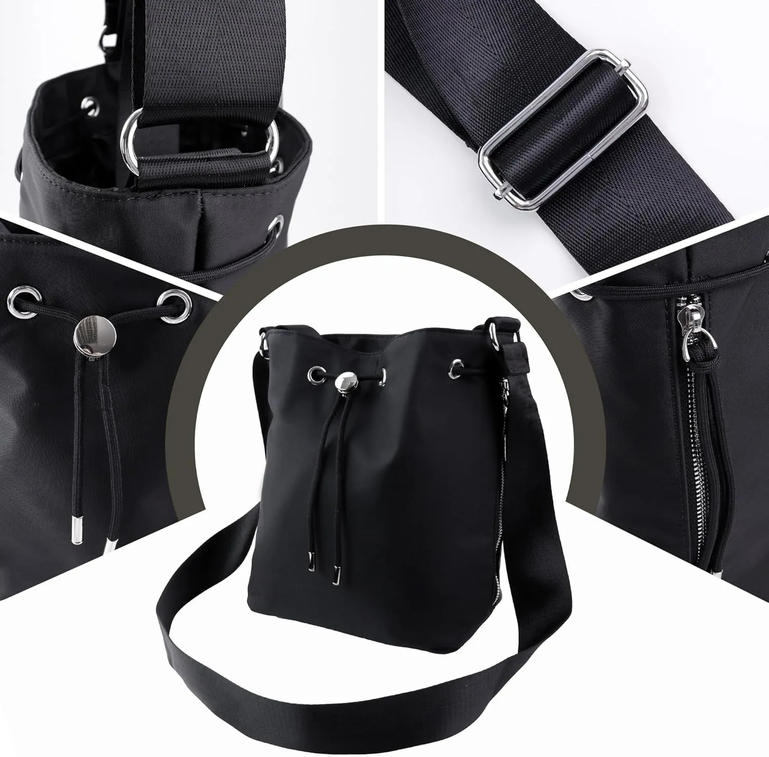 ORAD Waterproof Nylon Drawstring Bucket Crossbody Bag, Lightweight Casual Handbag for Women