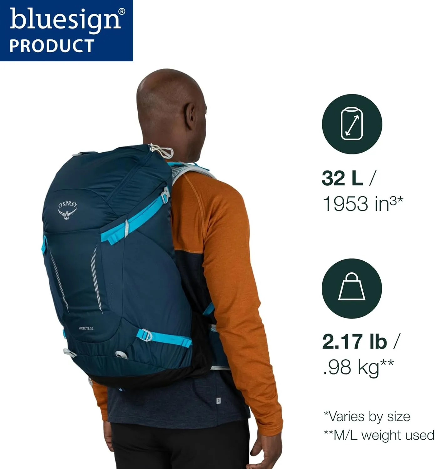 Osprey Hikelite 32L Unisex Hiking Backpack, Atlas Blue, M/L