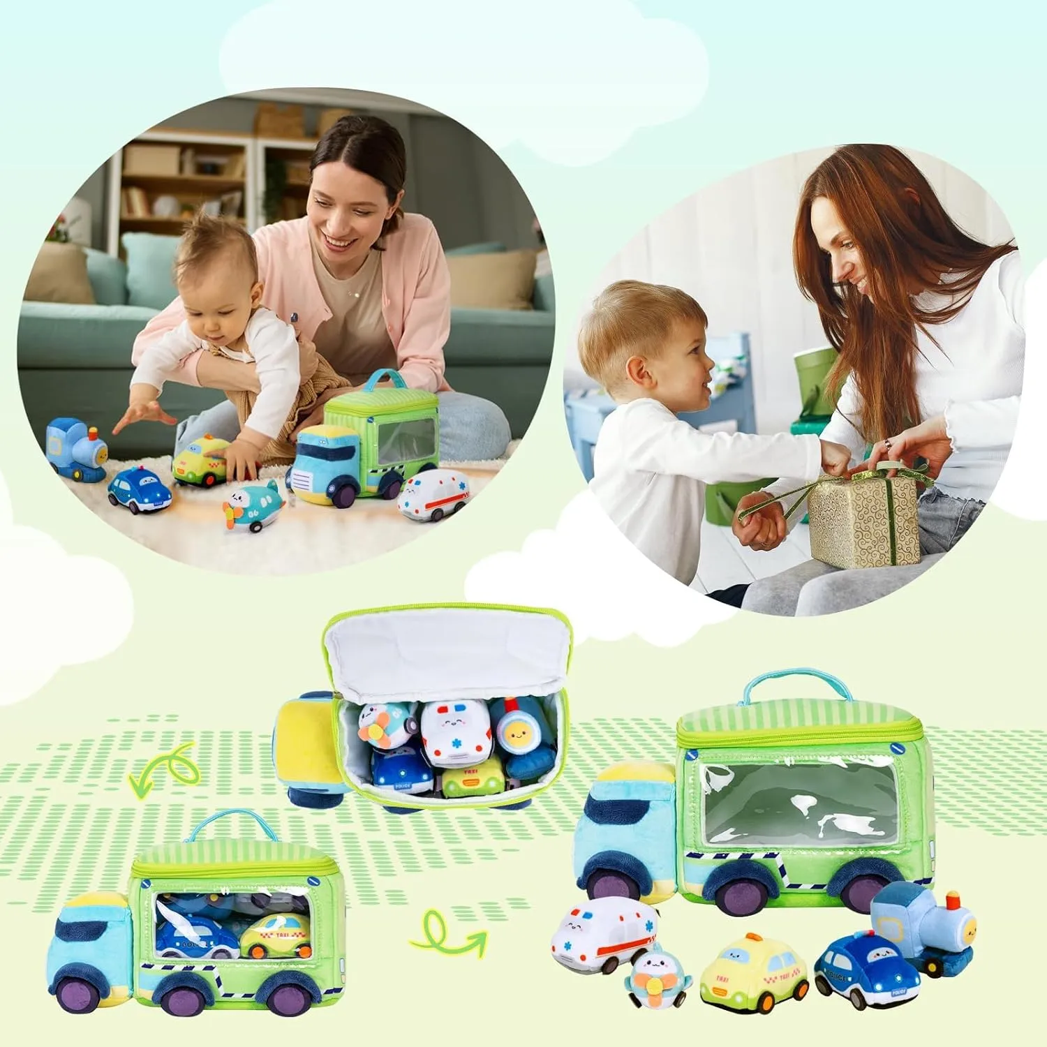 OUOZZZ Baby Boy Toys - Soft Cars for Toddlers 1-3 - Little Blue Truck Plush Toys for Babies- First Birthday Gifts for Infant - Stuffed Car with Squeaker, Bell Ringing Sensory Toys Portable Playset