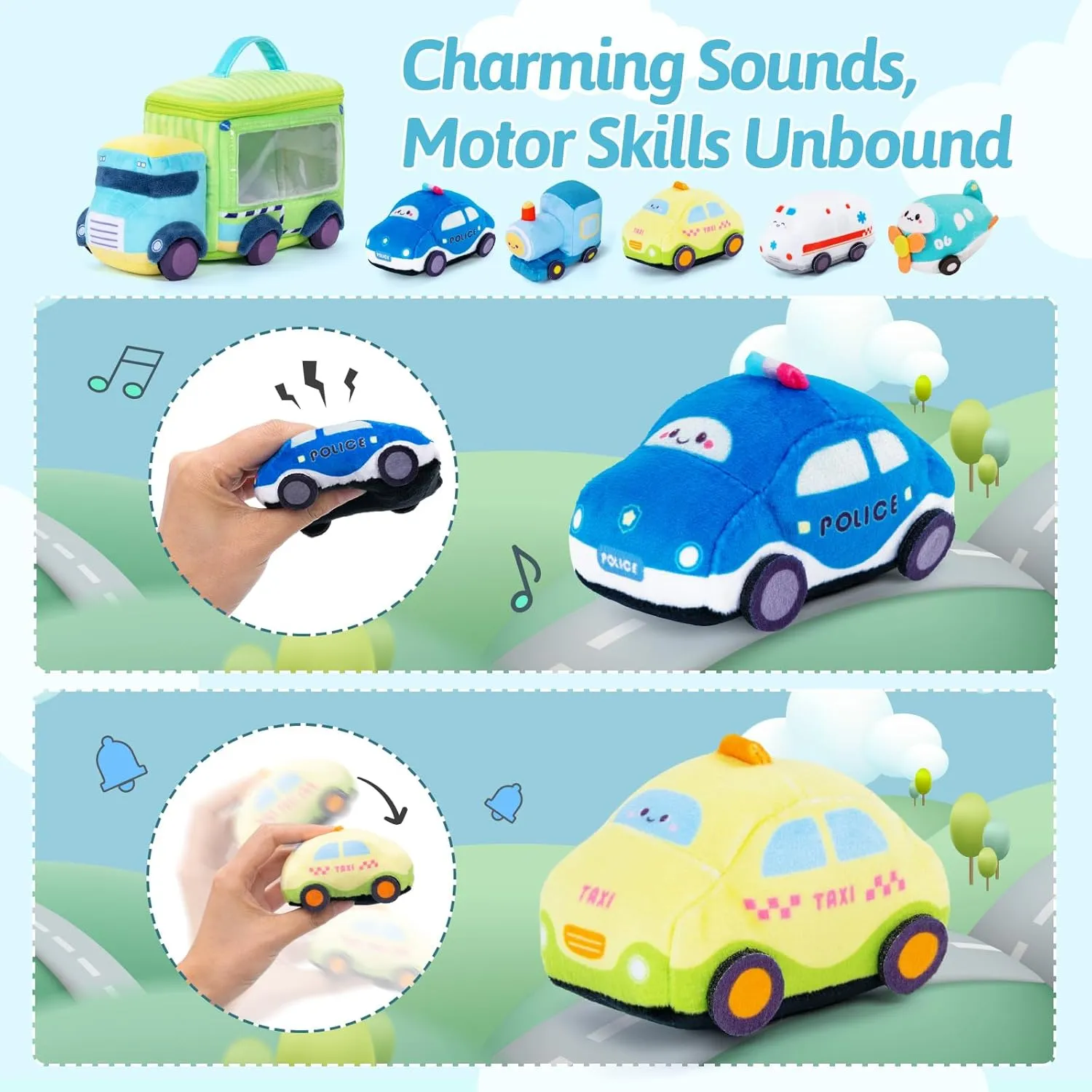 OUOZZZ Baby Boy Toys - Soft Cars for Toddlers 1-3 - Little Blue Truck Plush Toys for Babies- First Birthday Gifts for Infant - Stuffed Car with Squeaker, Bell Ringing Sensory Toys Portable Playset
