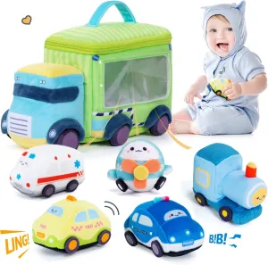 OUOZZZ Baby Boy Toys - Soft Cars for Toddlers 1-3 - Little Blue Truck Plush Toys for Babies- First Birthday Gifts for Infant - Stuffed Car with Squeaker, Bell Ringing Sensory Toys Portable Playset