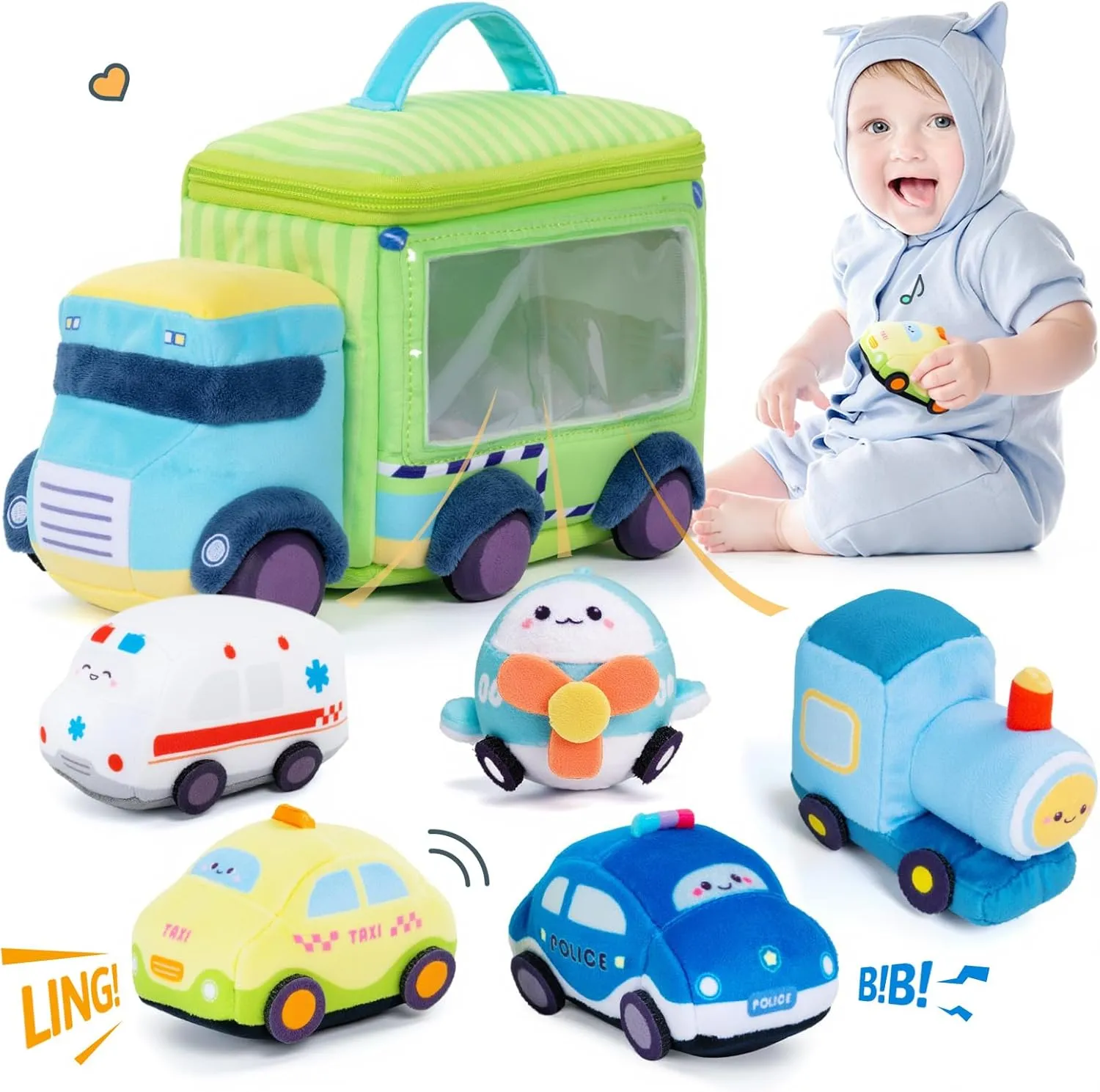 OUOZZZ Baby Boy Toys - Soft Cars for Toddlers 1-3 - Little Blue Truck Plush Toys for Babies- First Birthday Gifts for Infant - Stuffed Car with Squeaker, Bell Ringing Sensory Toys Portable Playset