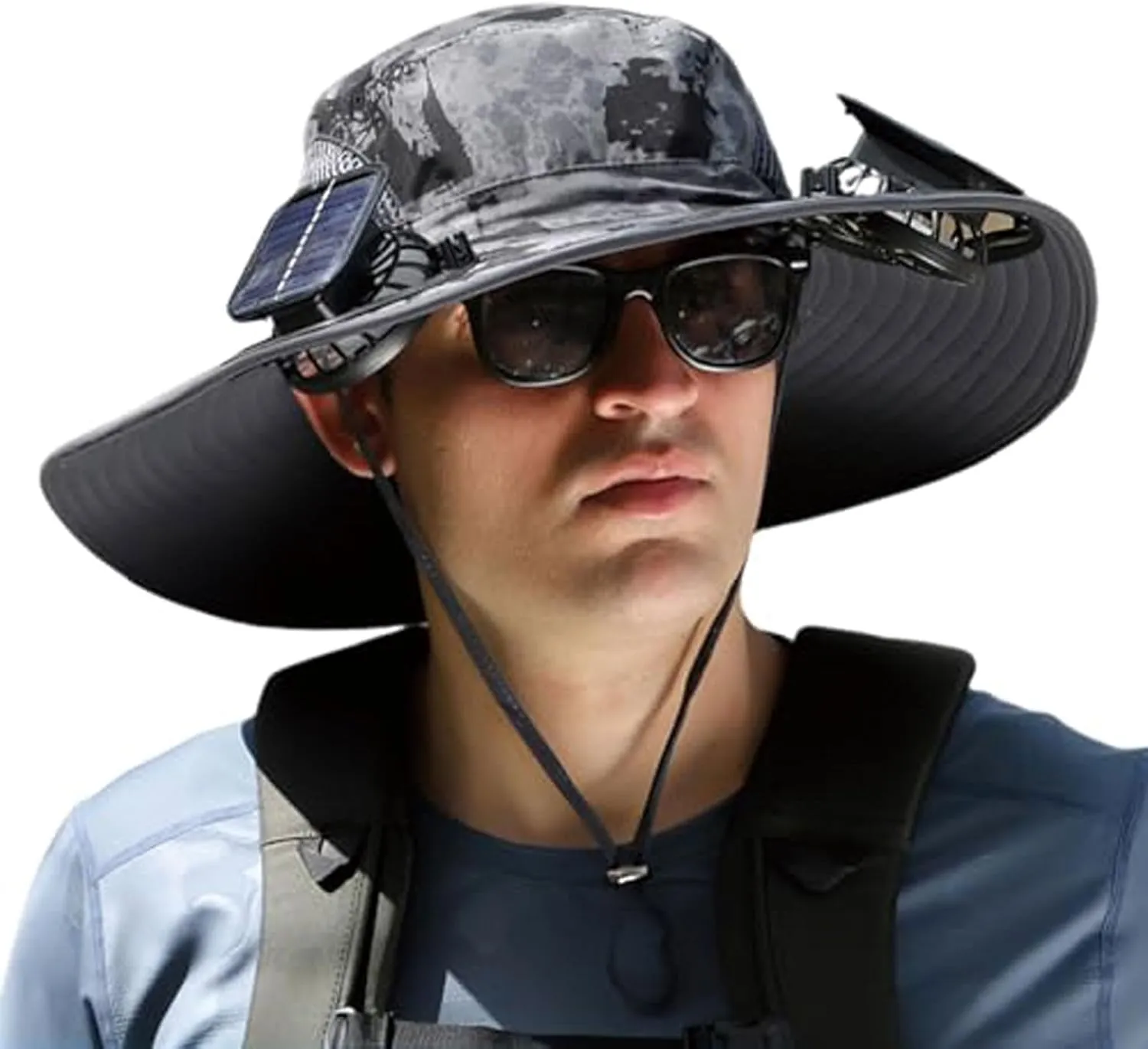 Outdoor Solar Fan Hat Breathable Wide Brim Sun Hat for Men Women Sun Bucket Fishing Hats with 2 Solar Fan