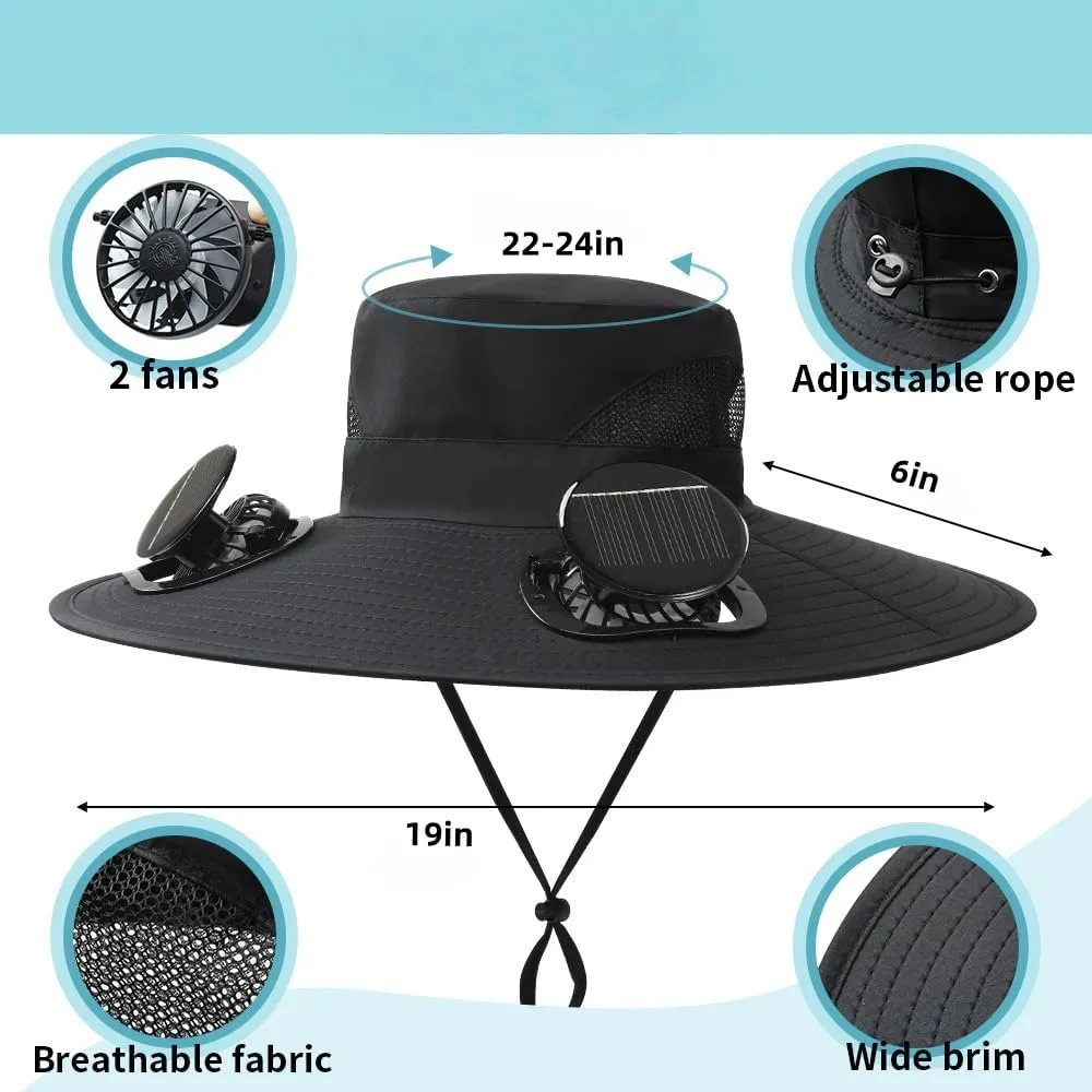 Outdoor Wide Brim Solar Fan Outdoor Fishing Hat with 2 Solar Fan Sun Bucket Hat for Men Women UPF 50  Beach Hat