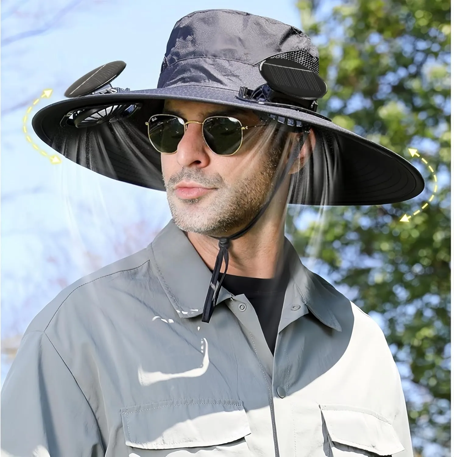 Outdoor Wide Brim Solar Fan Outdoor Fishing Hat with 2 Solar Fan Sun Bucket Hat for Men Women UPF 50  Beach Hat