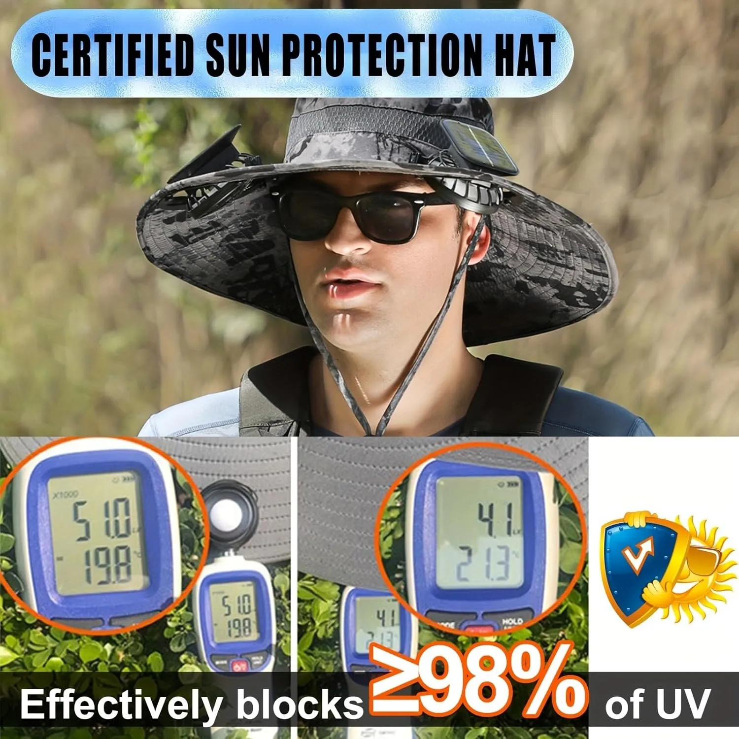 Outdoor Wide Brim Sun Hat with 2 Solar Fan Sun Bucket Hat for Men Women UPF 50  Bucket Fishing & Beach Hat with Fan Built in