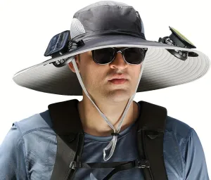 Outdoor Wide Brim Sun Hat with 2 Solar Fan Sun Bucket Hat for Men Women UPF 50  Bucket Fishing & Beach Hat with Fan Built in