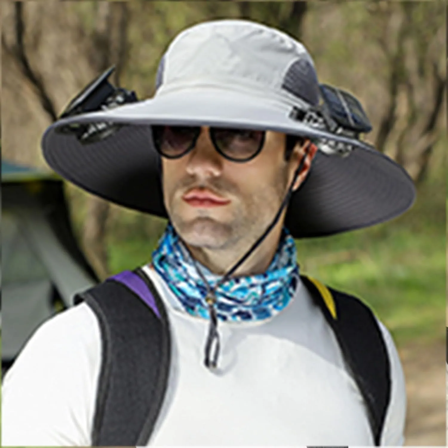 Outdoor Wide Brim Sun Hat with 2 Solar Fan Sun Bucket Hat for Men Women UPF 50  Bucket Fishing Hat with Fan Built in