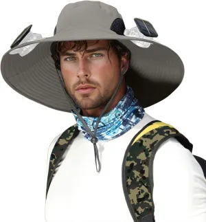 Outdoor Wide Brim Sun Hat with 3 Solar Fan Sun Bucket Hat for Men Women Bucket Fishing & Beach Hat with Fan Built in