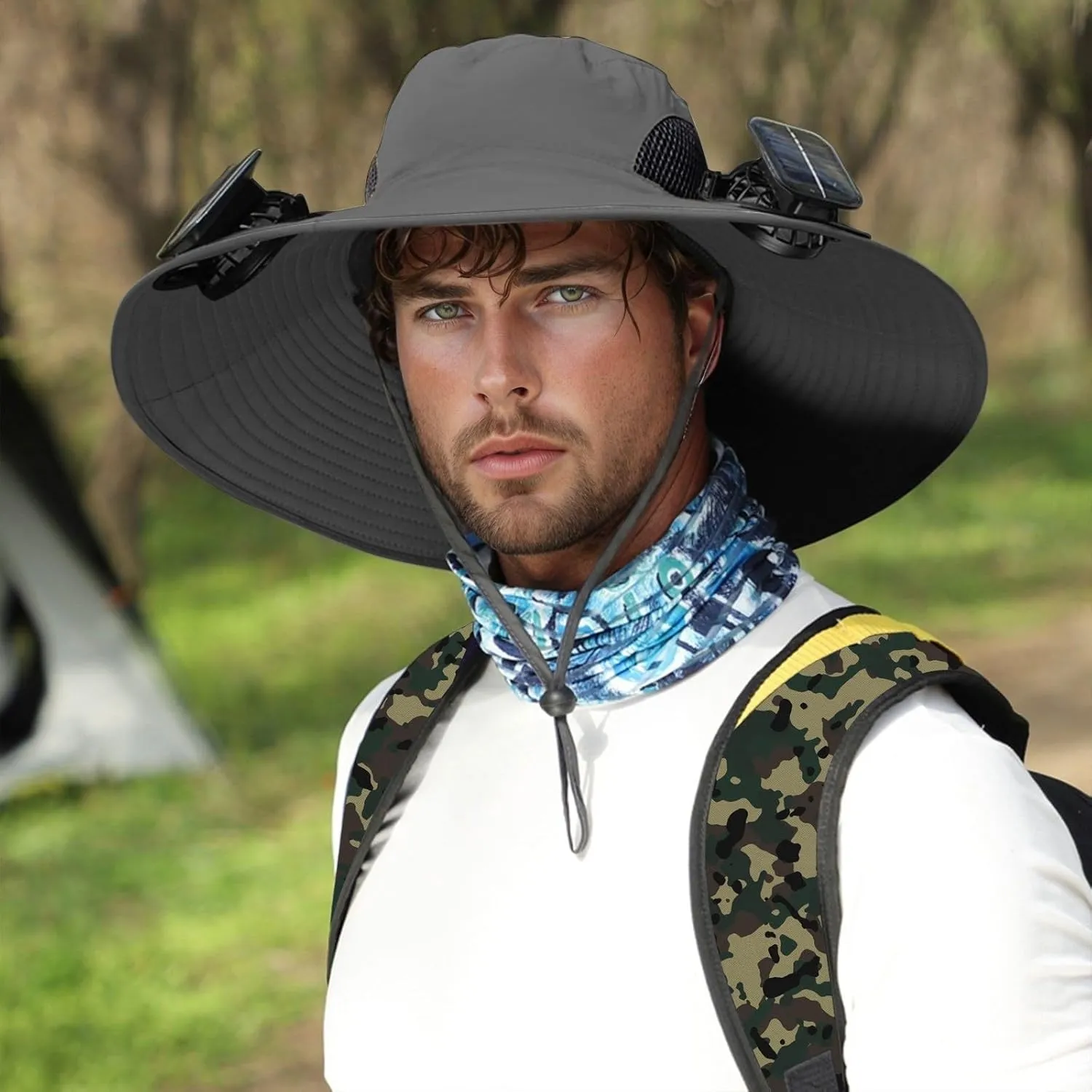 Outdoor Wide Brim Sun Hat with 3 Solar Fan Sun Bucket Hat for Men Women Bucket Fishing & Beach Hat with Fan Built in