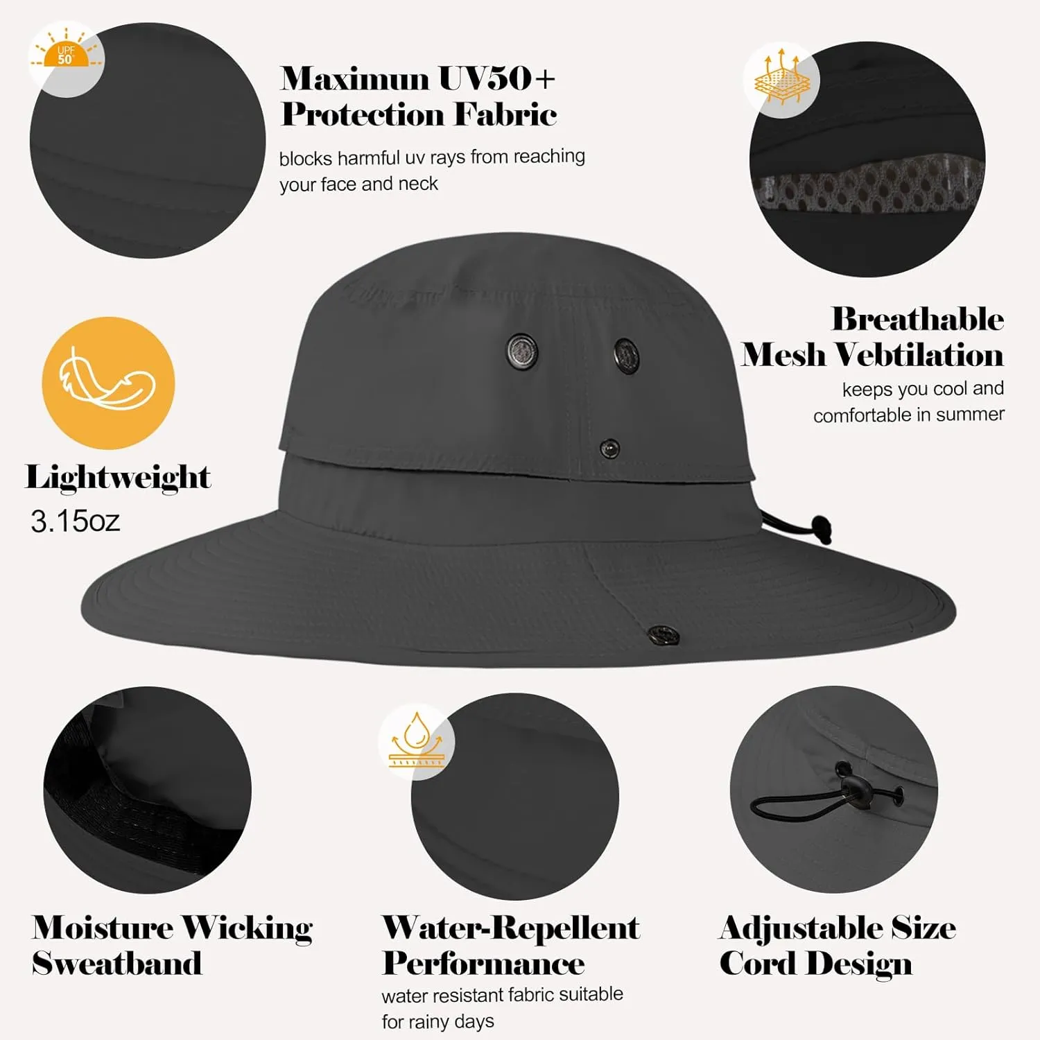 Oversize XL XXL Sun Hats Large Wide Brim Waterproof UPF 50  Bucket Hat Summer Travel Fishing Hiking Hat with Detachable Strap