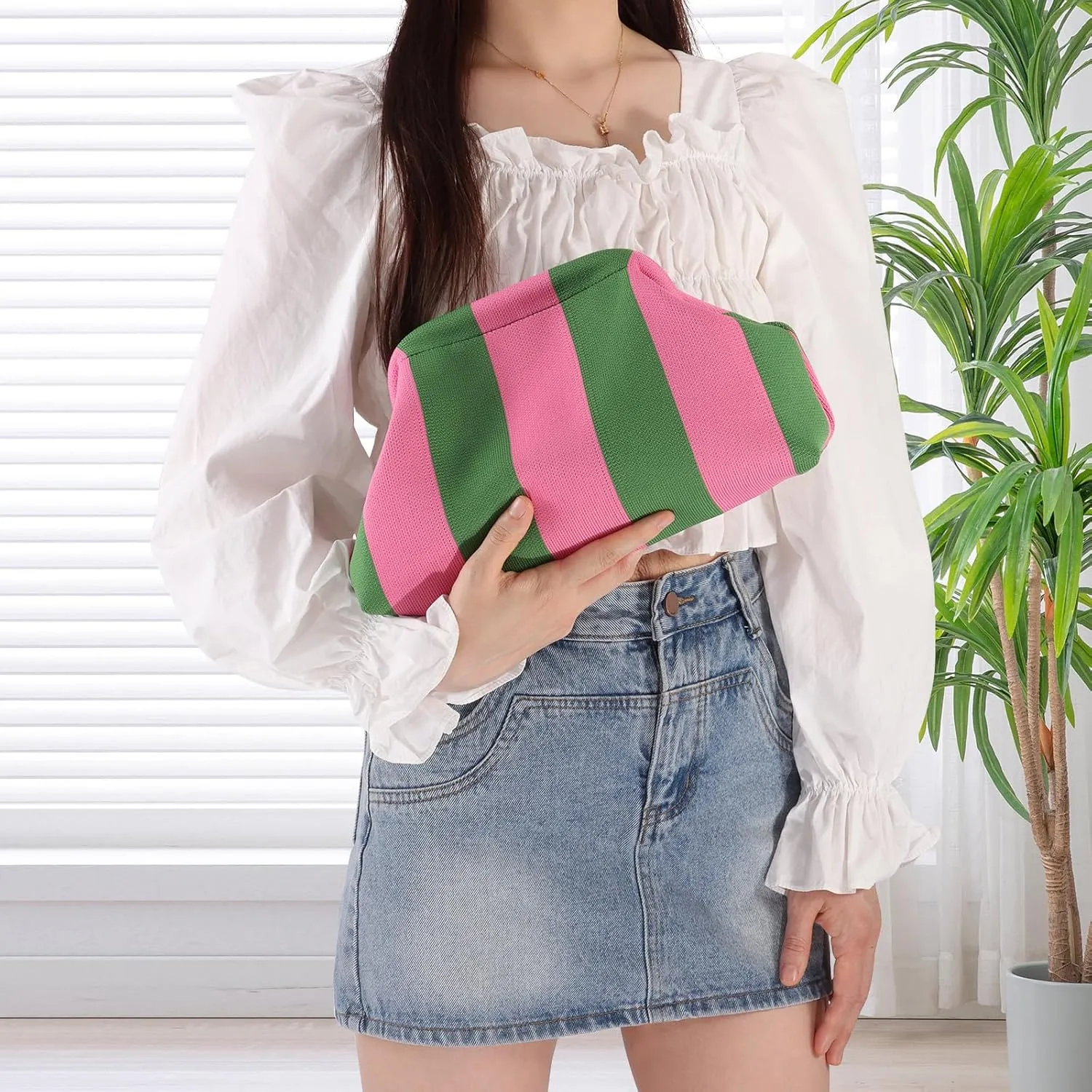 Ovida Colorblock Clutch Purse for Women Summer Beach Dumpling Clutch Crochet Handbag Ruched Cloud Clutch Bag for Party