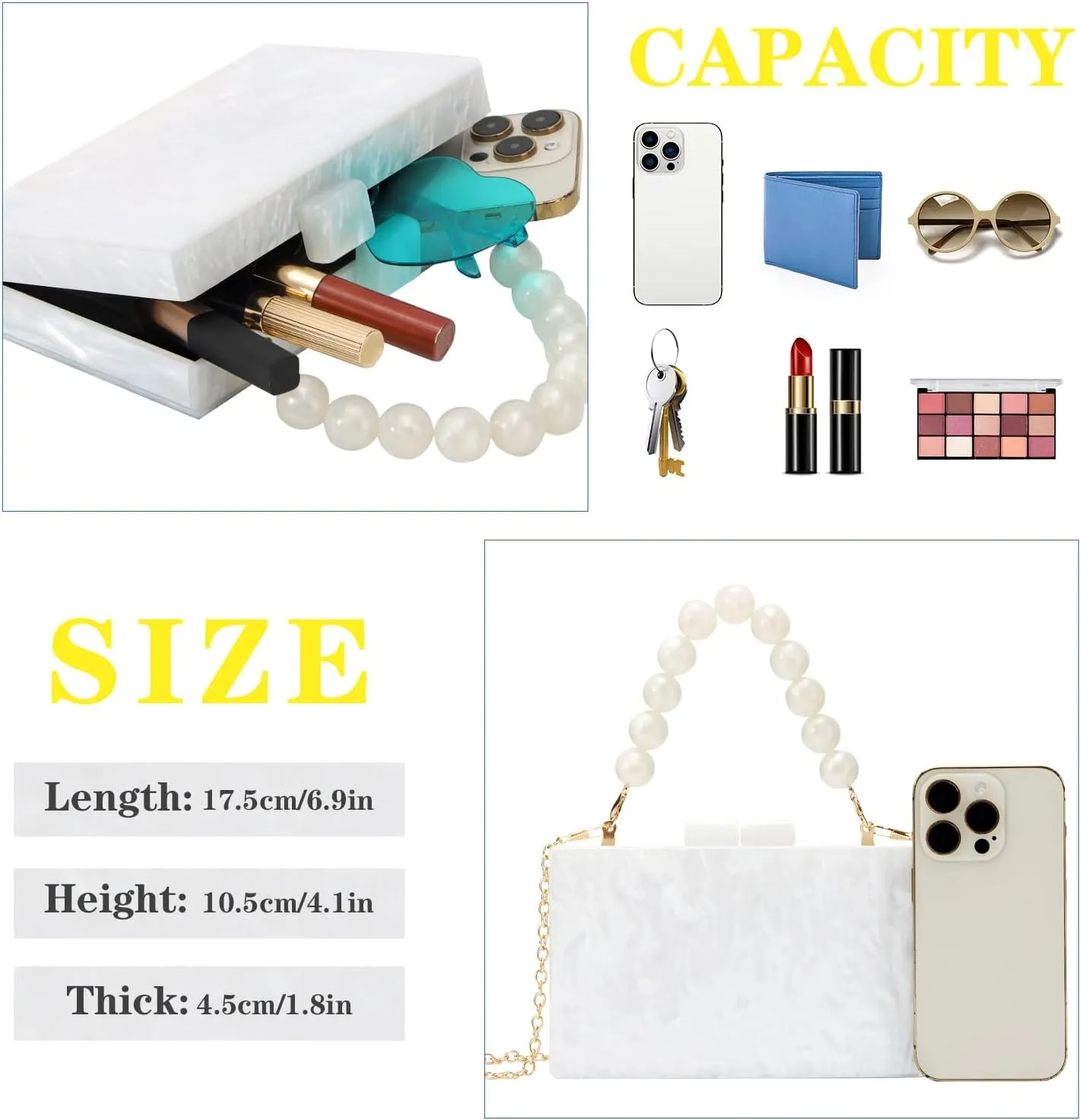 Oweisong Women Acrylic Clutch Purse Formal Wedding Evening Handbag Marble Party Shoulder Crossbody Bag with Bead Chain