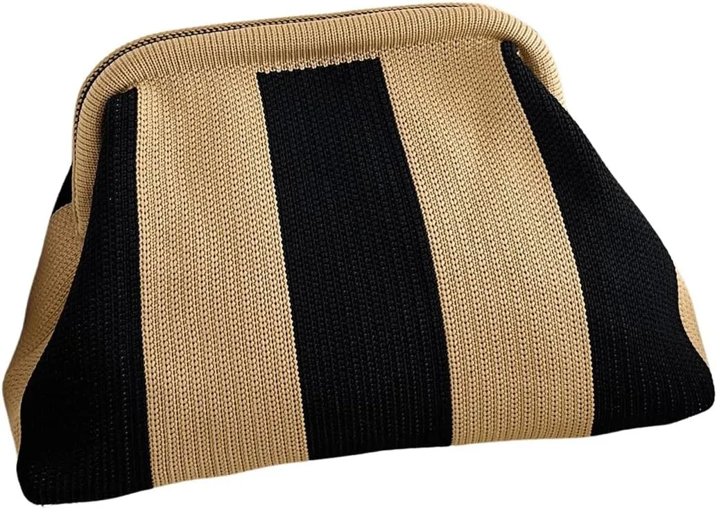 OYOANGLE Women's Striped Print Kiss Lock Crocheted Clutch Purse Casual Large Capacity Make Up Handbags
