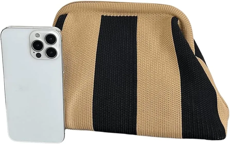 OYOANGLE Women's Striped Print Kiss Lock Crocheted Clutch Purse Casual Large Capacity Make Up Handbags