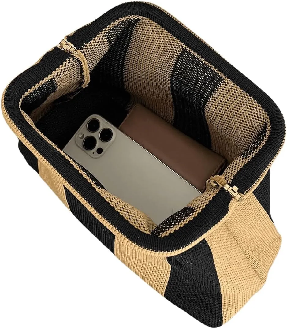 OYOANGLE Women's Striped Print Kiss Lock Crocheted Clutch Purse Casual Large Capacity Make Up Handbags