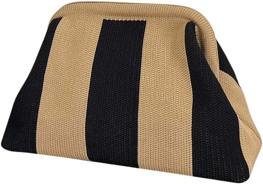 OYOANGLE Women's Striped Print Kiss Lock Crocheted Clutch Purse Casual Large Capacity Make Up Handbags