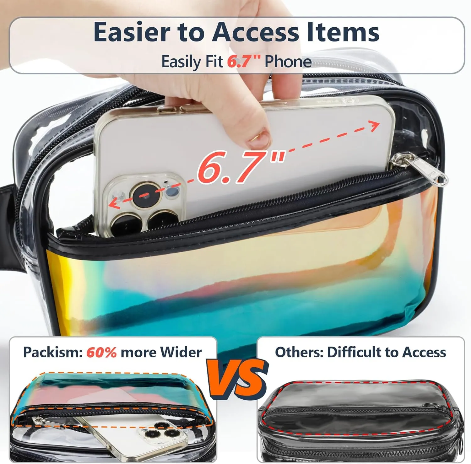Packism Clear Fanny Pack - Holographic Clear Belt Bag Crossbody Fashion Fanny Packs for Women Men Cute Waist Bag with Adjustable Strap for Sports, Beach, Events, Concerts, Festivals, Black