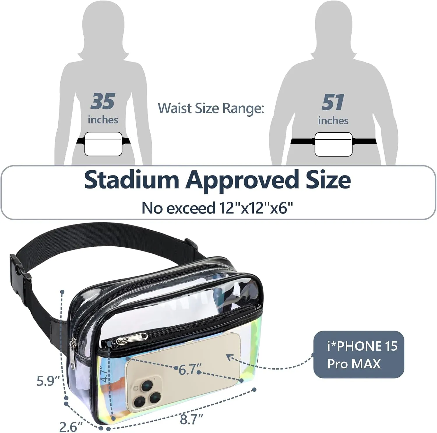 Packism Clear Fanny Pack - Holographic Clear Belt Bag Crossbody Fashion Fanny Packs for Women Men Cute Waist Bag with Adjustable Strap for Sports, Beach, Events, Concerts, Festivals, Black
