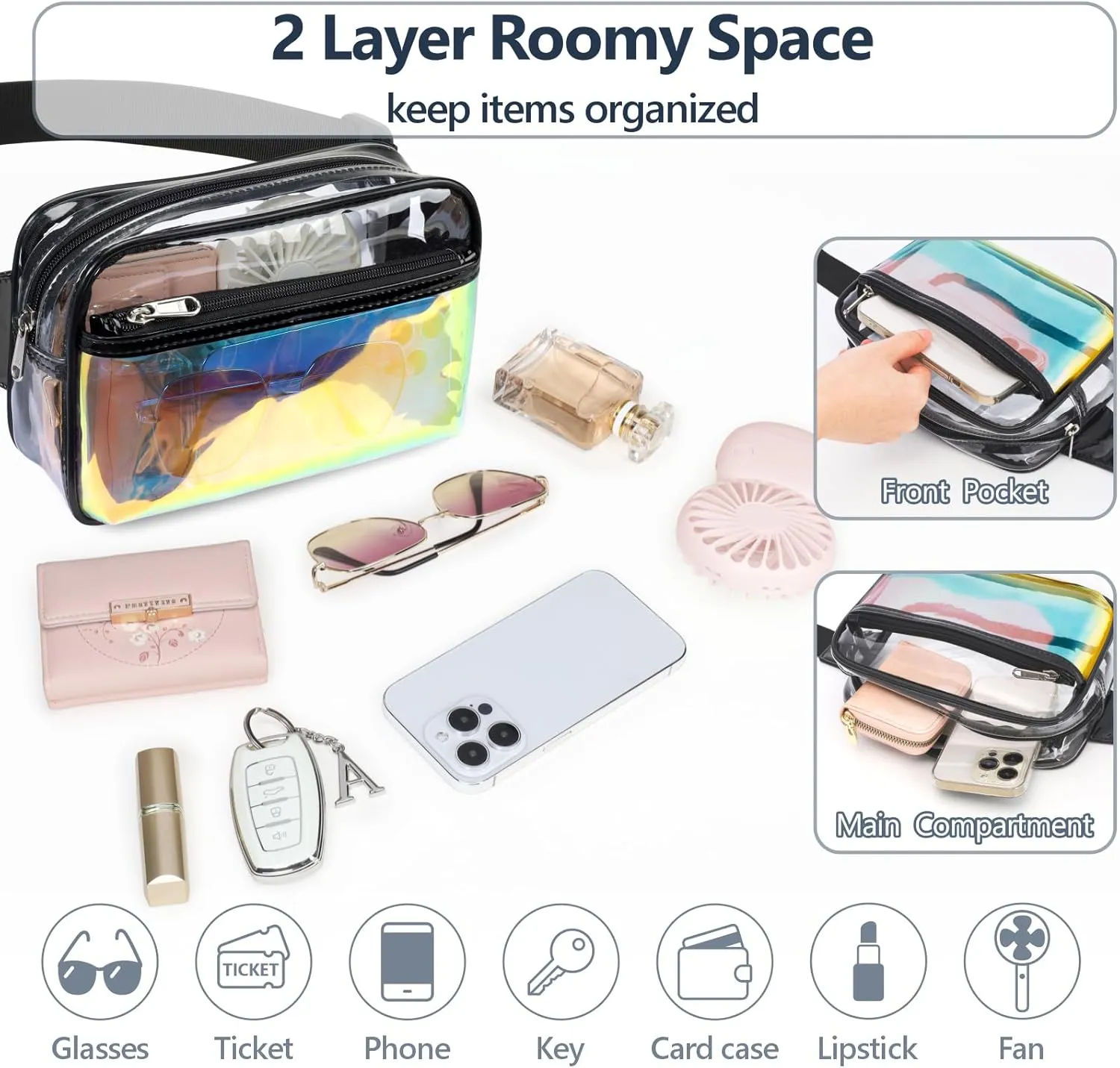 Packism Clear Fanny Pack - Holographic Clear Belt Bag Crossbody Fashion Fanny Packs for Women Men Cute Waist Bag with Adjustable Strap for Sports, Beach, Events, Concerts, Festivals, Black