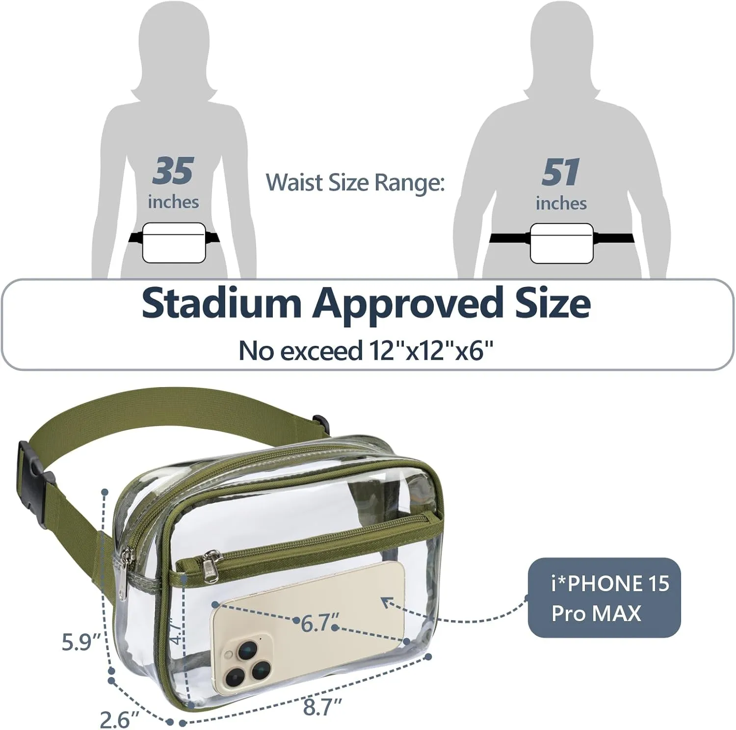 Packism Clear Fanny Pack Stadium Approved - Clear Belt Bag for Women Men Plus Size Transparent Waist Bag with Adjustable Strap for Concerts, Sporting Events - Green