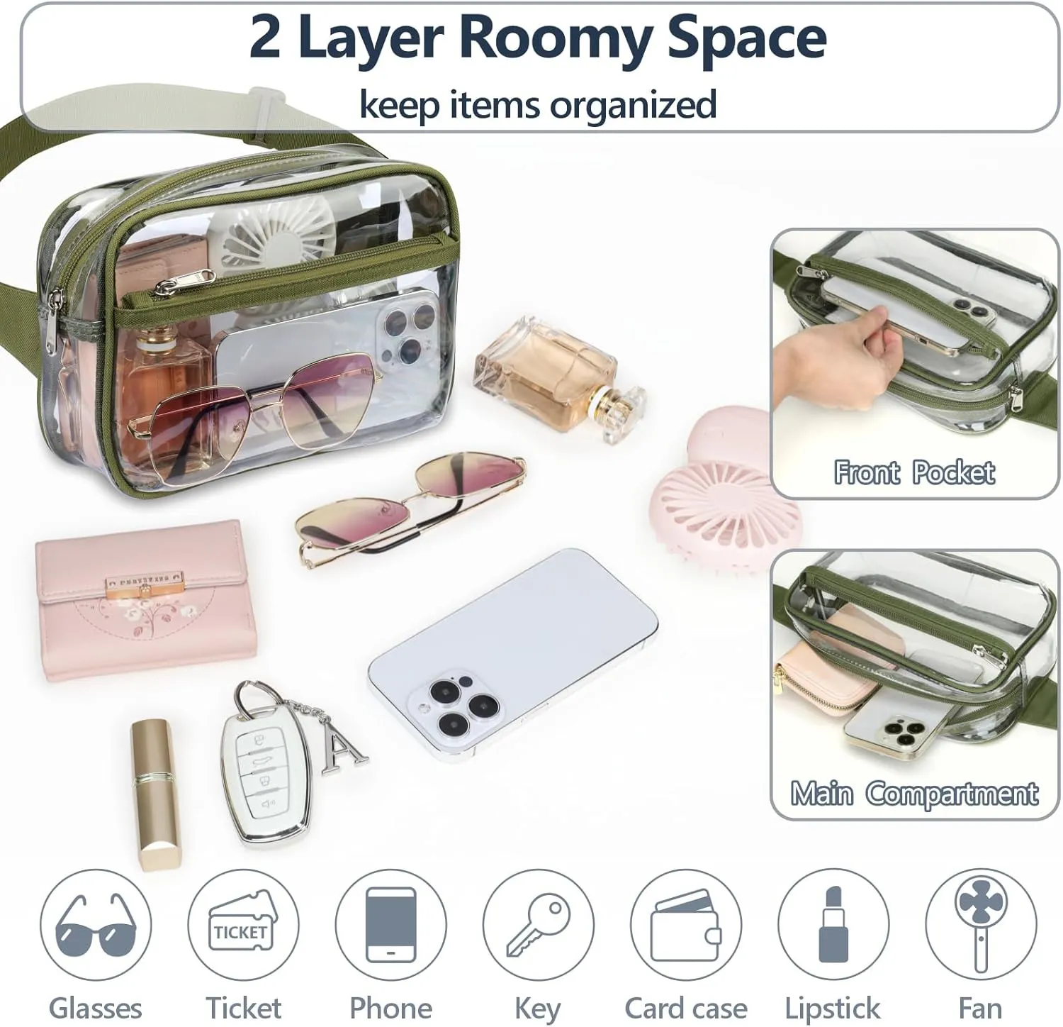 Packism Clear Fanny Pack Stadium Approved - Clear Belt Bag for Women Men Plus Size Transparent Waist Bag with Adjustable Strap for Concerts, Sporting Events - Green