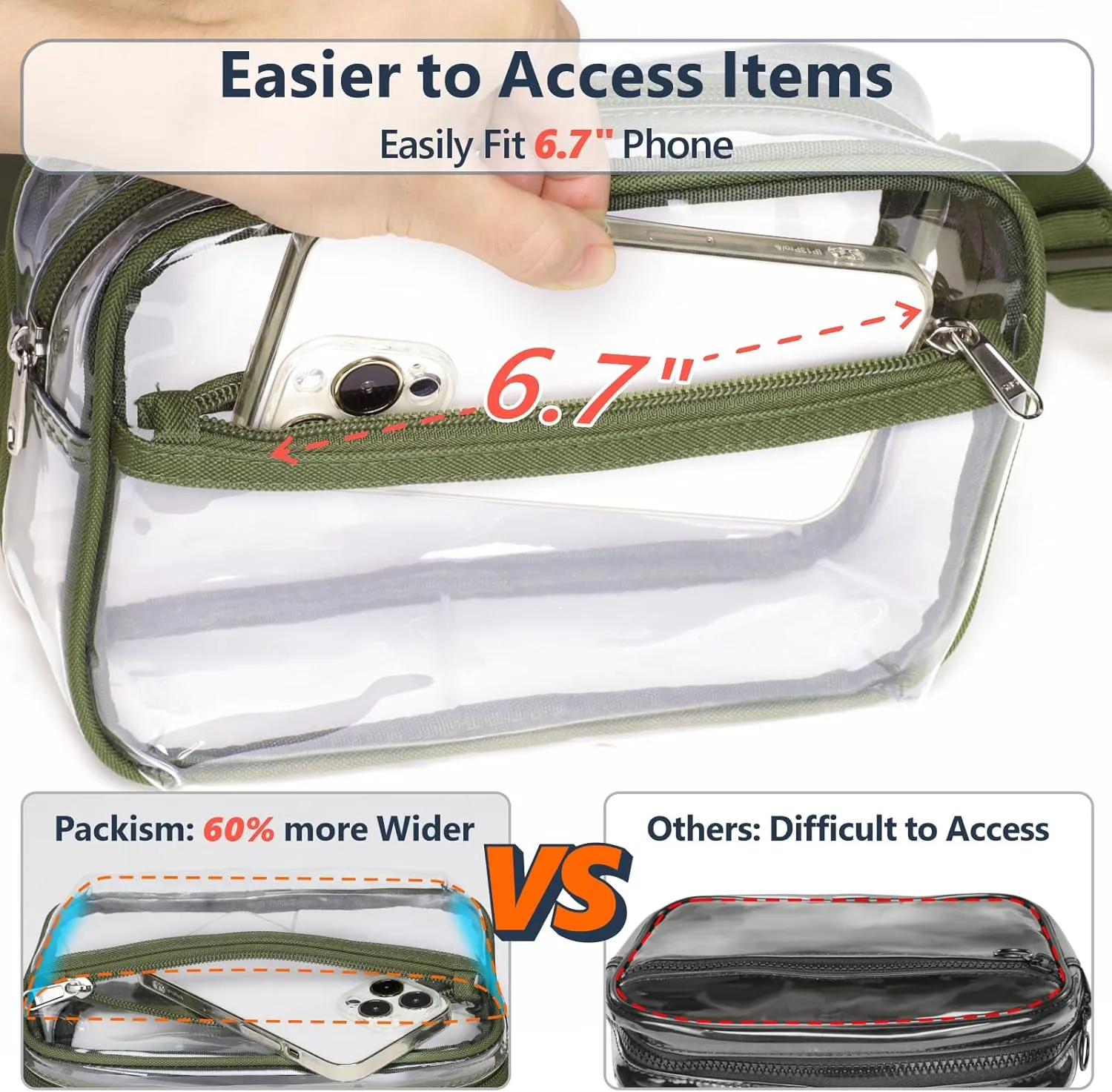 Packism Clear Fanny Pack Stadium Approved - Clear Belt Bag for Women Men Plus Size Transparent Waist Bag with Adjustable Strap for Concerts, Sporting Events - Green