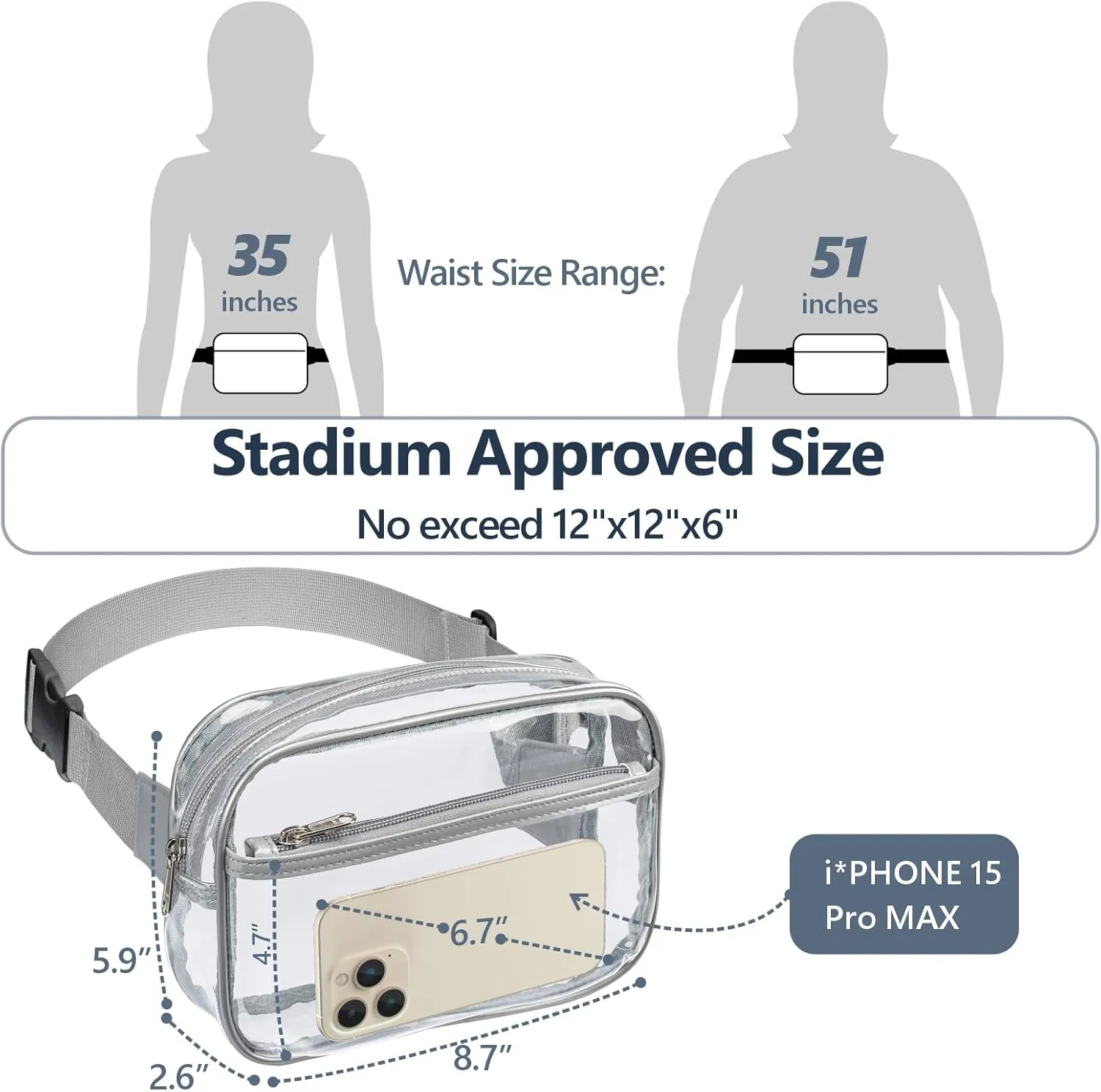 Packism Clear Fanny Pack Stadium Approved - Clear Belt Bag for Women Men Plus Size Transparent Waist Bag with Adjustable Strap for Concerts, Sporting Events - Grey