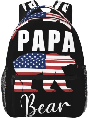 Papa American Flag Bear Funny Backpacks 15in Laptop Backpack Multipurpose Double Shoulder Bag For Men Women Gifts
