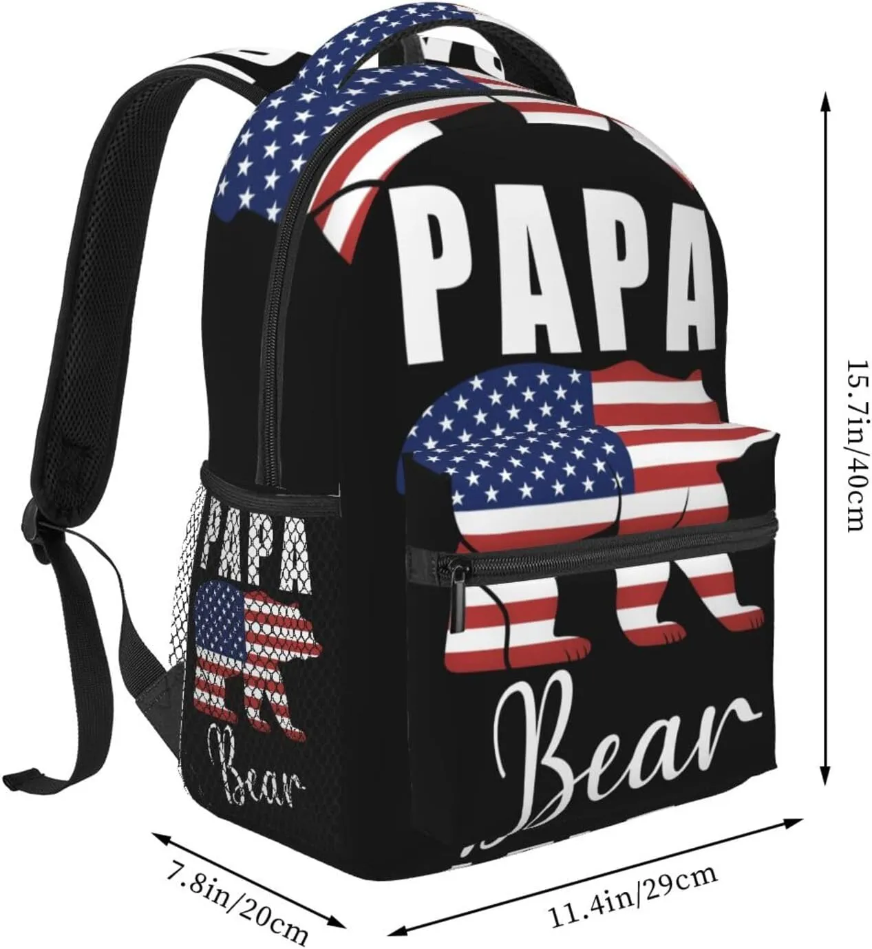 Papa American Flag Bear Funny Backpacks 15in Laptop Backpack Multipurpose Double Shoulder Bag For Men Women Gifts
