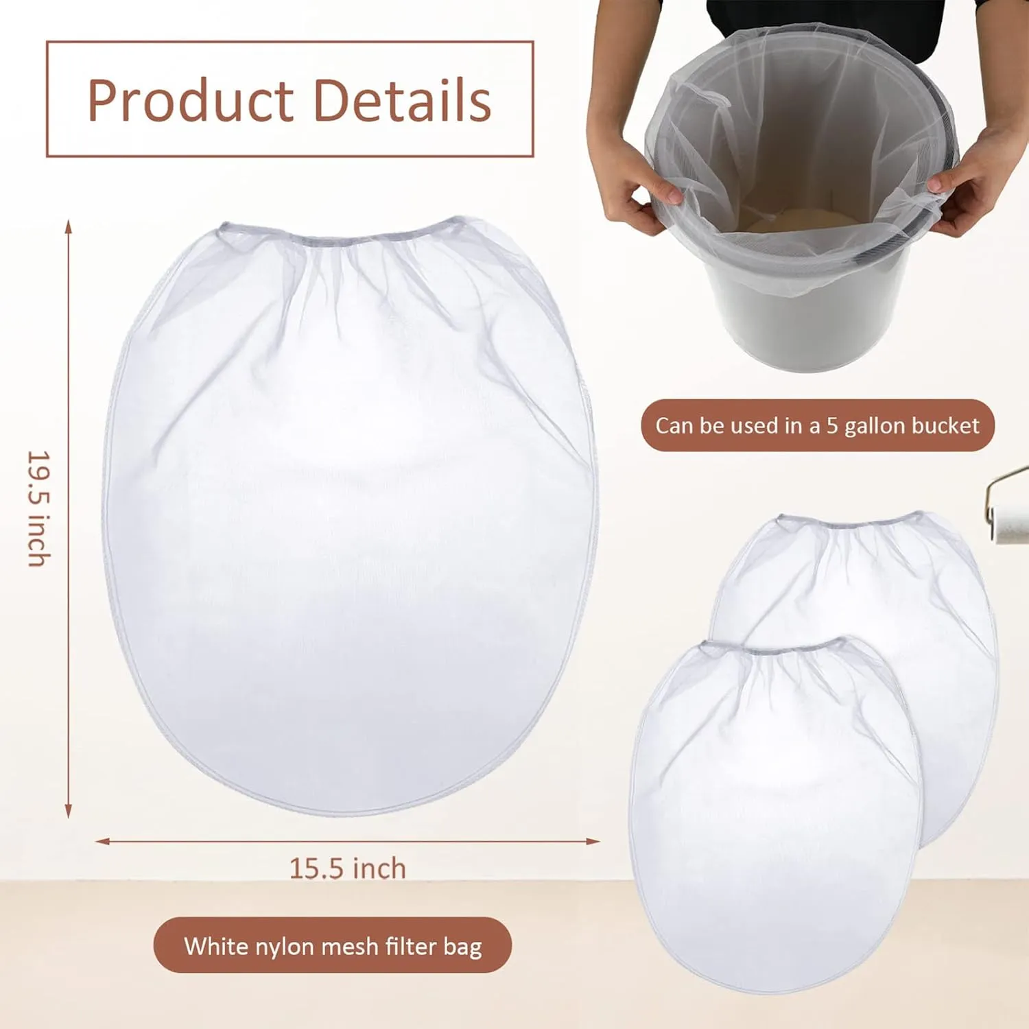 Patelai 200 Pieces 5 Gallon Paint Strainer Bags White Regular Fine Mesh/Elastic Top Bag Strainers for Use with Paint Sprayers