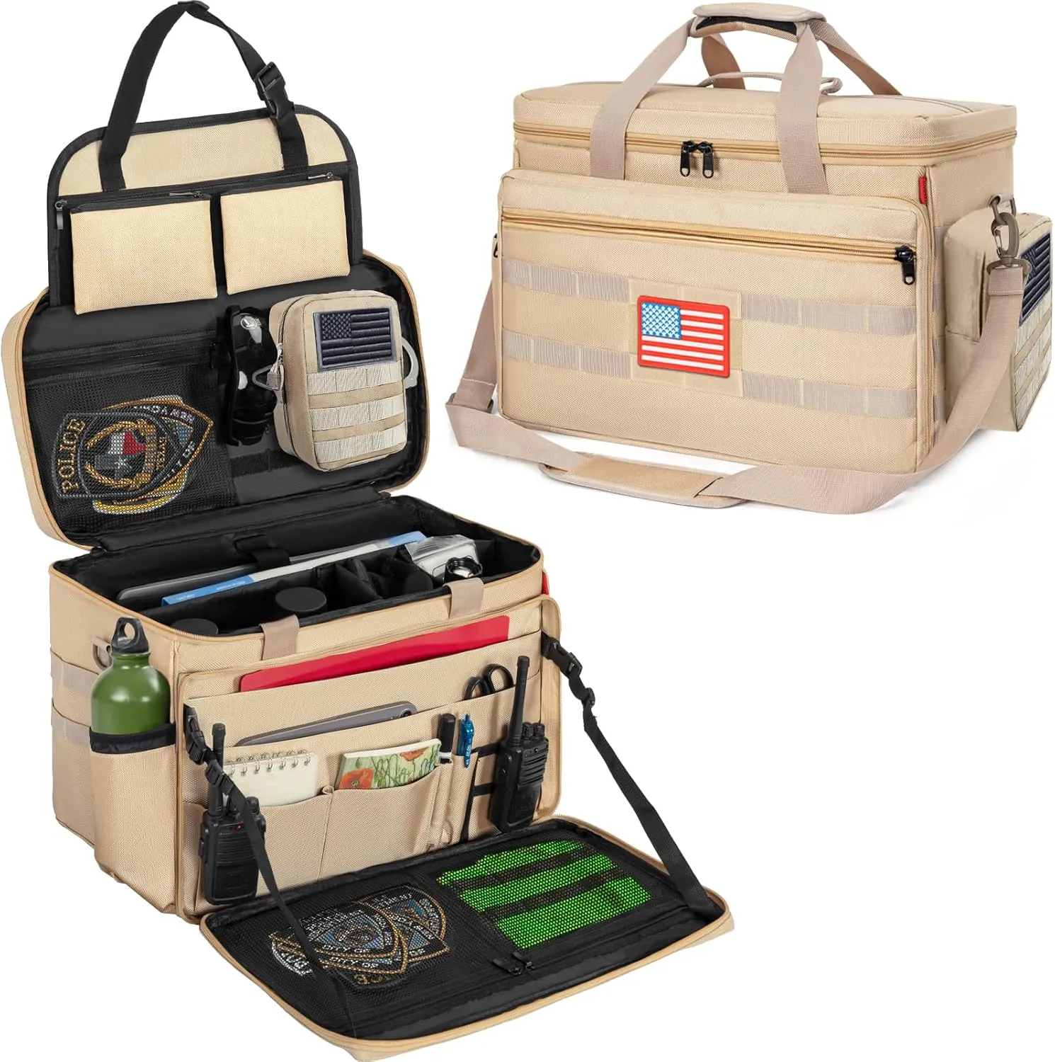 Patrol Bag Law Enforcement, Police Gear Bag Car Front Seat Organizer for Police with Laptop Layer and Cup Holders, MOLLE System, Fits Vehicle Passenger Seat, Khaki