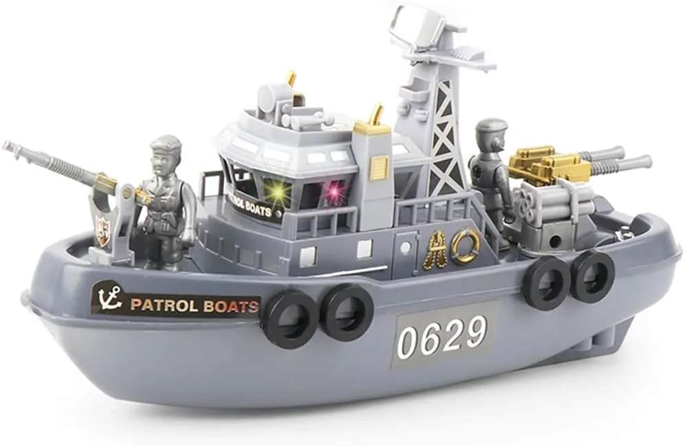 Patrol Boat Toy, Electric Ship Model Coast Guard Vessel Military Ship Cambatant Vessel Pool Warship Model with Sound Effect and Lights
