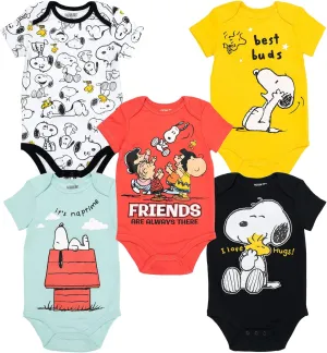 PEANUTS Snoopy Charlie Brown Baby 5 Pack Bodysuits Newborn to Infant