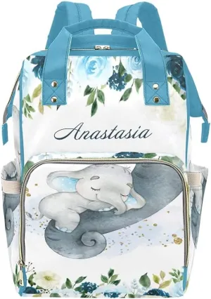Personalized Blue Flower Baby Elephant Diaper Backpack with Name Text Large Capacity Custom Multi-Function Bag Unisex Travel Backpack for Mom Dad Boy Girl 10.83inch L * 6.69inch W * 15inch H