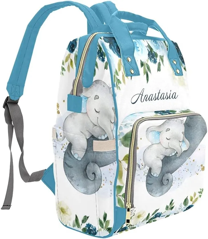 Personalized Blue Flower Baby Elephant Diaper Backpack with Name Text Large Capacity Custom Multi-Function Bag Unisex Travel Backpack for Mom Dad Boy Girl 10.83inch L * 6.69inch W * 15inch H