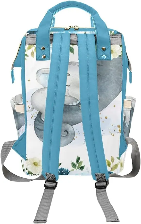Personalized Blue Flower Baby Elephant Diaper Backpack with Name Text Large Capacity Custom Multi-Function Bag Unisex Travel Backpack for Mom Dad Boy Girl 10.83inch L * 6.69inch W * 15inch H