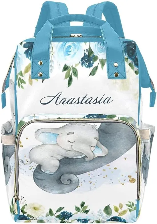 Personalized Blue Flower Baby Elephant Diaper Backpack with Name Text Large Capacity Custom Multi-Function Bag Unisex Travel Backpack for Mom Dad Boy Girl 10.83inch L * 6.69inch W * 15inch H