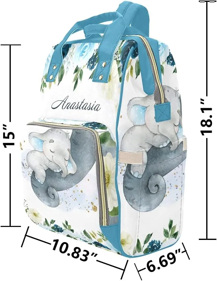 Personalized Blue Flower Baby Elephant Diaper Backpack with Name Text Large Capacity Custom Multi-Function Bag Unisex Travel Backpack for Mom Dad Boy Girl 10.83inch L * 6.69inch W * 15inch H