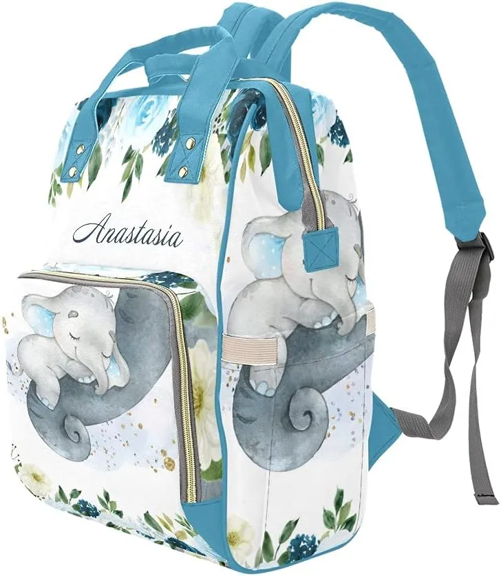 Personalized Blue Flower Baby Elephant Diaper Backpack with Name Text Large Capacity Custom Multi-Function Bag Unisex Travel Backpack for Mom Dad Boy Girl 10.83inch L * 6.69inch W * 15inch H