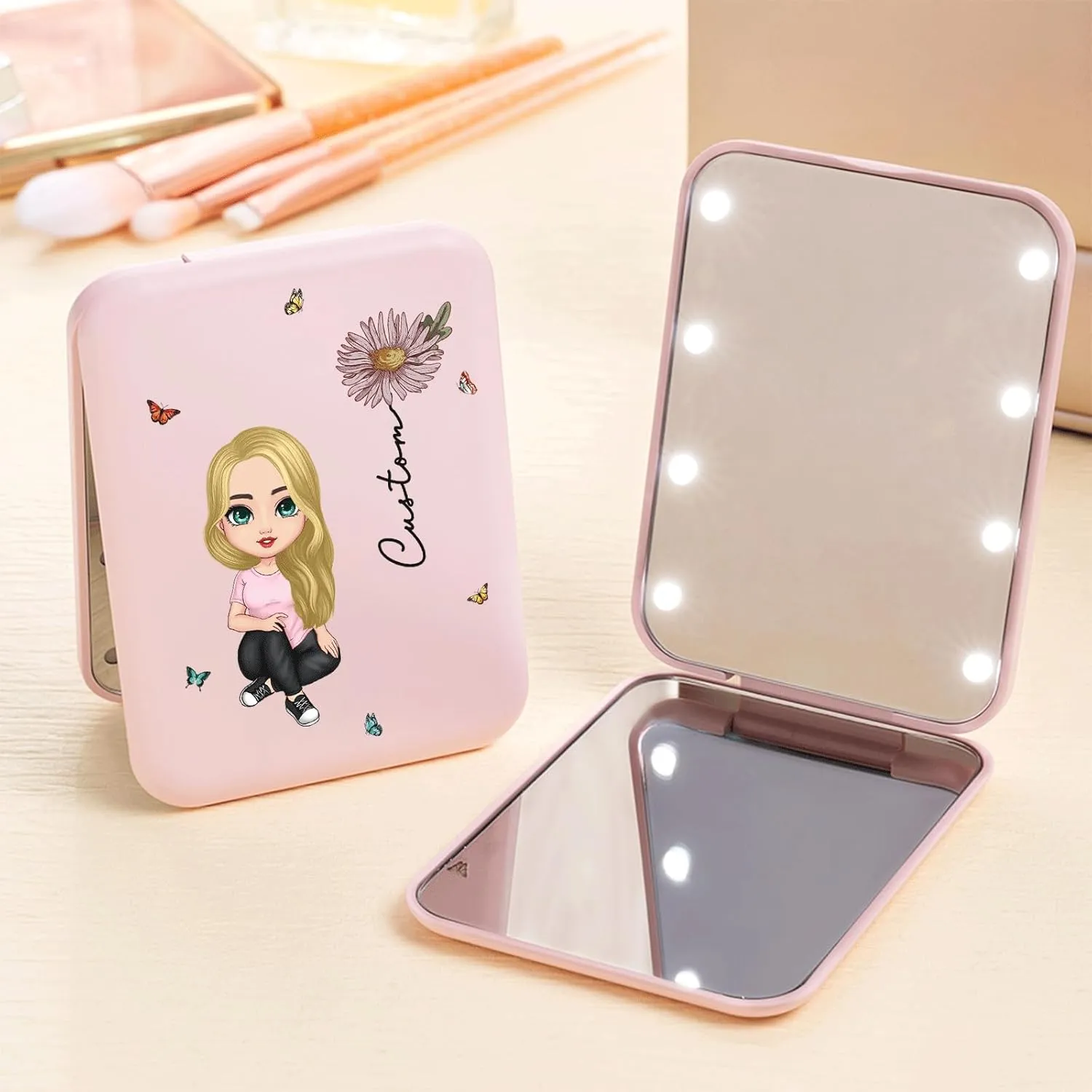 Personalized Compact Mirror, Custom Cartoon Character Birthflower on Compact Travel Pocket Mirror - Gift for Women