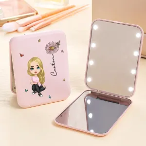 Personalized Compact Mirror, Custom Cartoon Character Birthflower on Compact Travel Pocket Mirror - Gift for Women