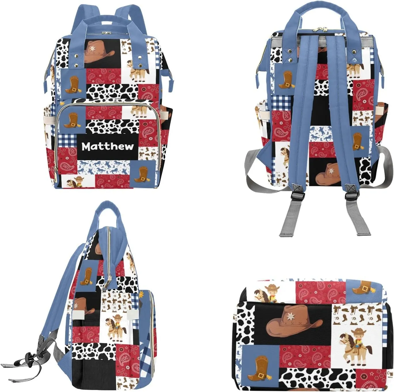 Personalized Diaper Bag Backpack Tote,Cowboy Red Blue Quilt, Custom Diaper Bags for Shower Gift 10.83"x6.69"x15"