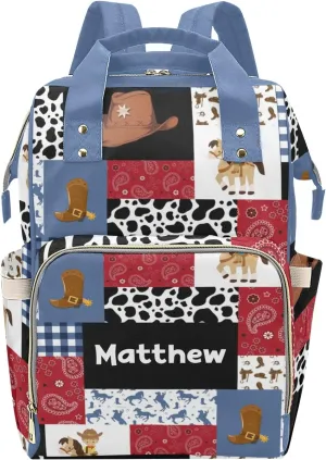 Personalized Diaper Bag Backpack Tote,Cowboy Red Blue Quilt, Custom Diaper Bags for Shower Gift 10.83"x6.69"x15"