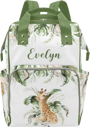 Personalized Diaper Bag Backpack Tote,Tropical Giraffe Greenery,Custom Diaper Bags for Shower Gift 10.83"x6.69"x15"