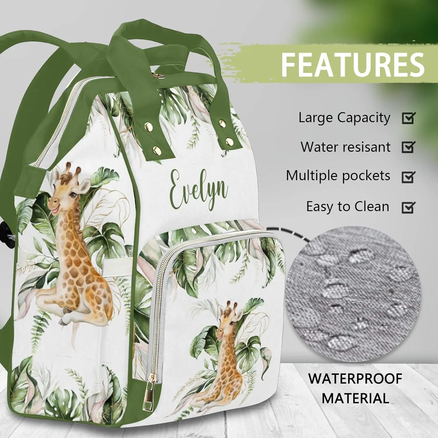 Personalized Diaper Bag Backpack Tote,Tropical Giraffe Greenery,Custom Diaper Bags for Shower Gift 10.83"x6.69"x15"