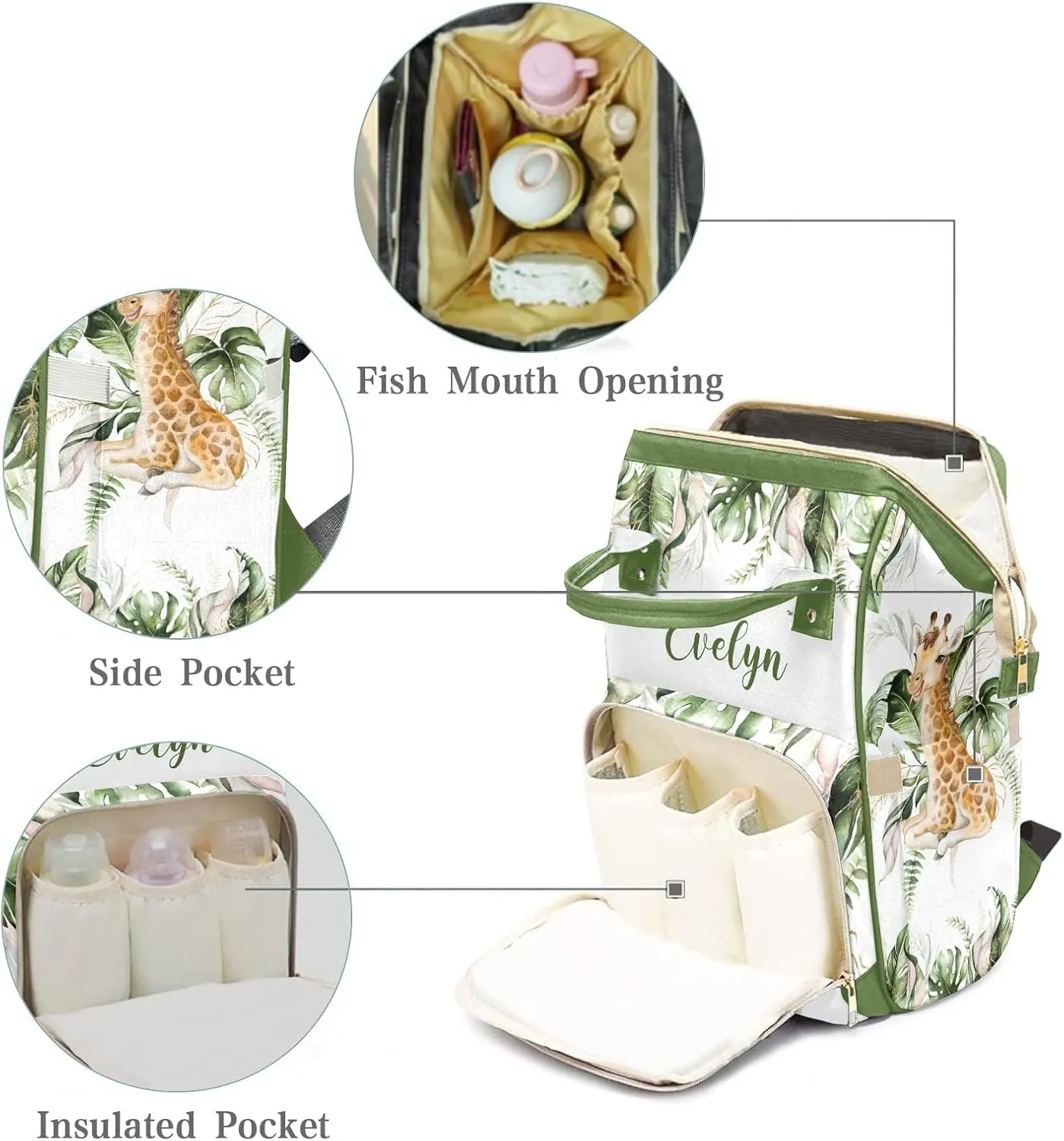 Personalized Diaper Bag Backpack Tote,Tropical Giraffe Greenery,Custom Diaper Bags for Shower Gift 10.83"x6.69"x15"